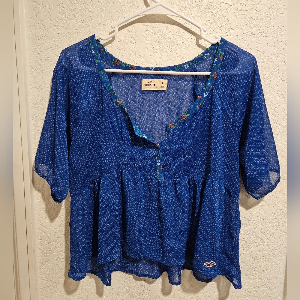 Hollister Blue Sheer Blouse with Floral Trim